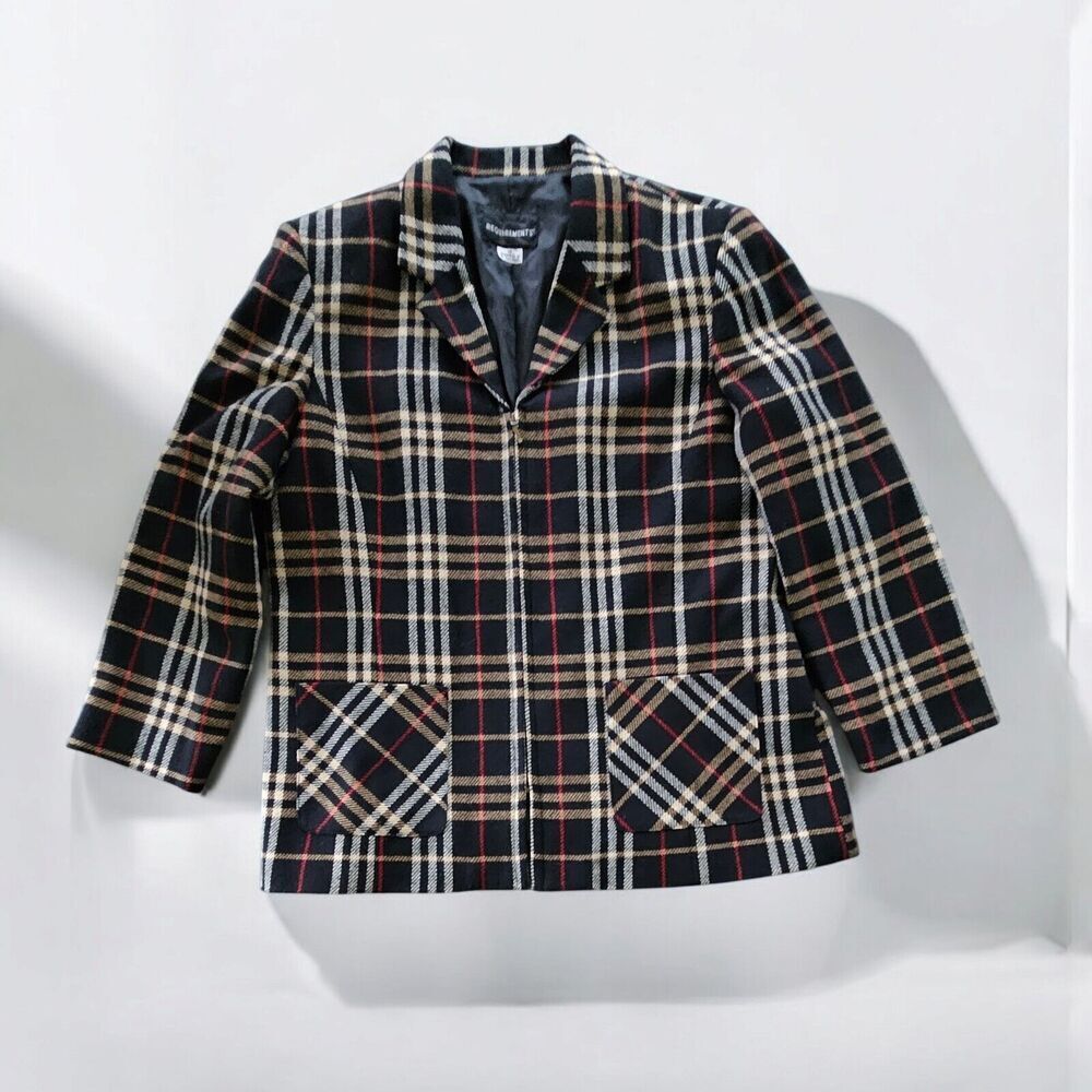 Vtg Blazer Jacket Black Tan Tartan Plaid Wool Blend Zip Up Size 14 Dark Academia